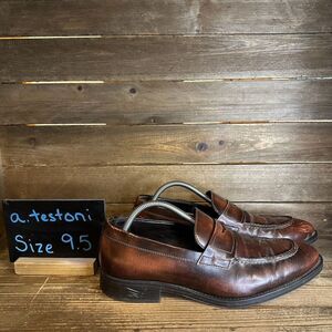 Mens A.‎ Testoni Brown Leather Slip On Dress Penny Loafers Shoes Size 9.5 M GUC